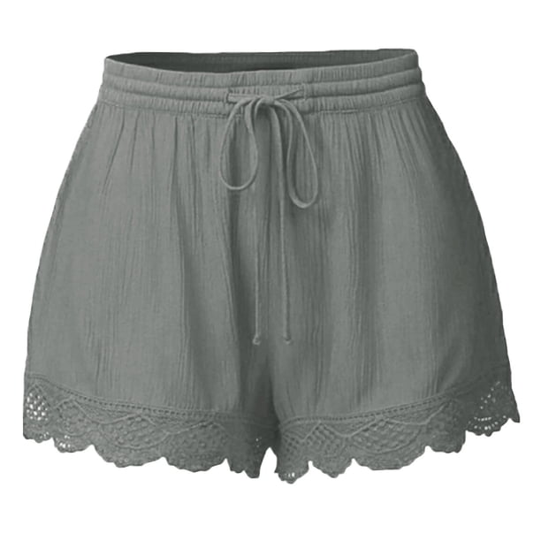 MKLEKYY Pijama Corto Para Mujer, Pantalones Cortos Casuales Con Cintura Elástica Y Cordón Para Yoga, Cómodos Pantalones Cortos De Lino Con Volantes Y Ribete De Encaje Elástico Para Playa