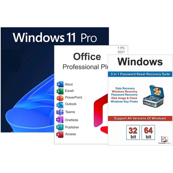 Computer Werx: Windows 11 Pro Office 2021 Pro Plus 5-in-1 Recovery/Reset Password Suite (PC Disc)