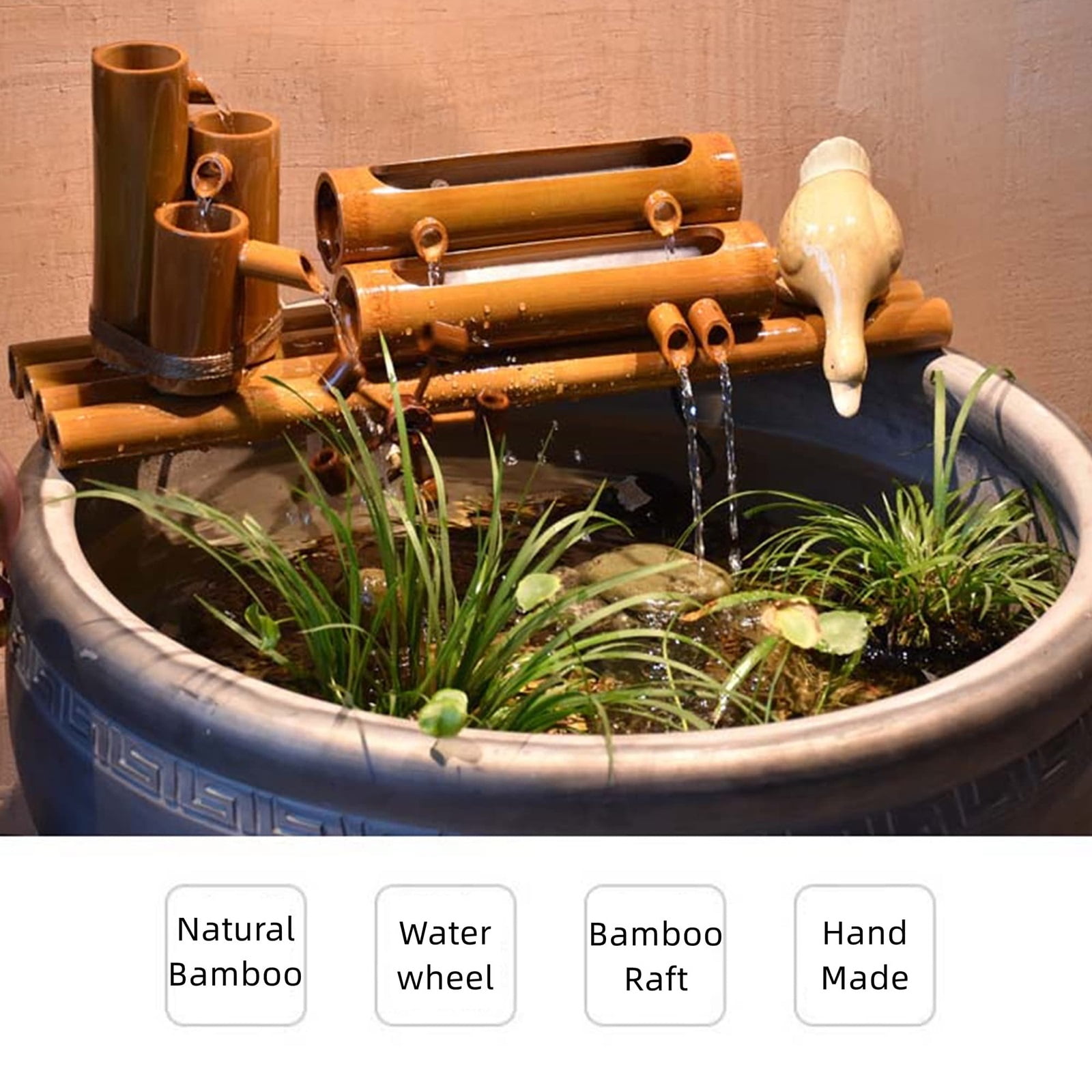 12" Bamboo Fountain Kit with Pump & Solar Powered Water Fountain with Water Wheel for Feng Shui Zen Indoor Outdoor Garden Patio