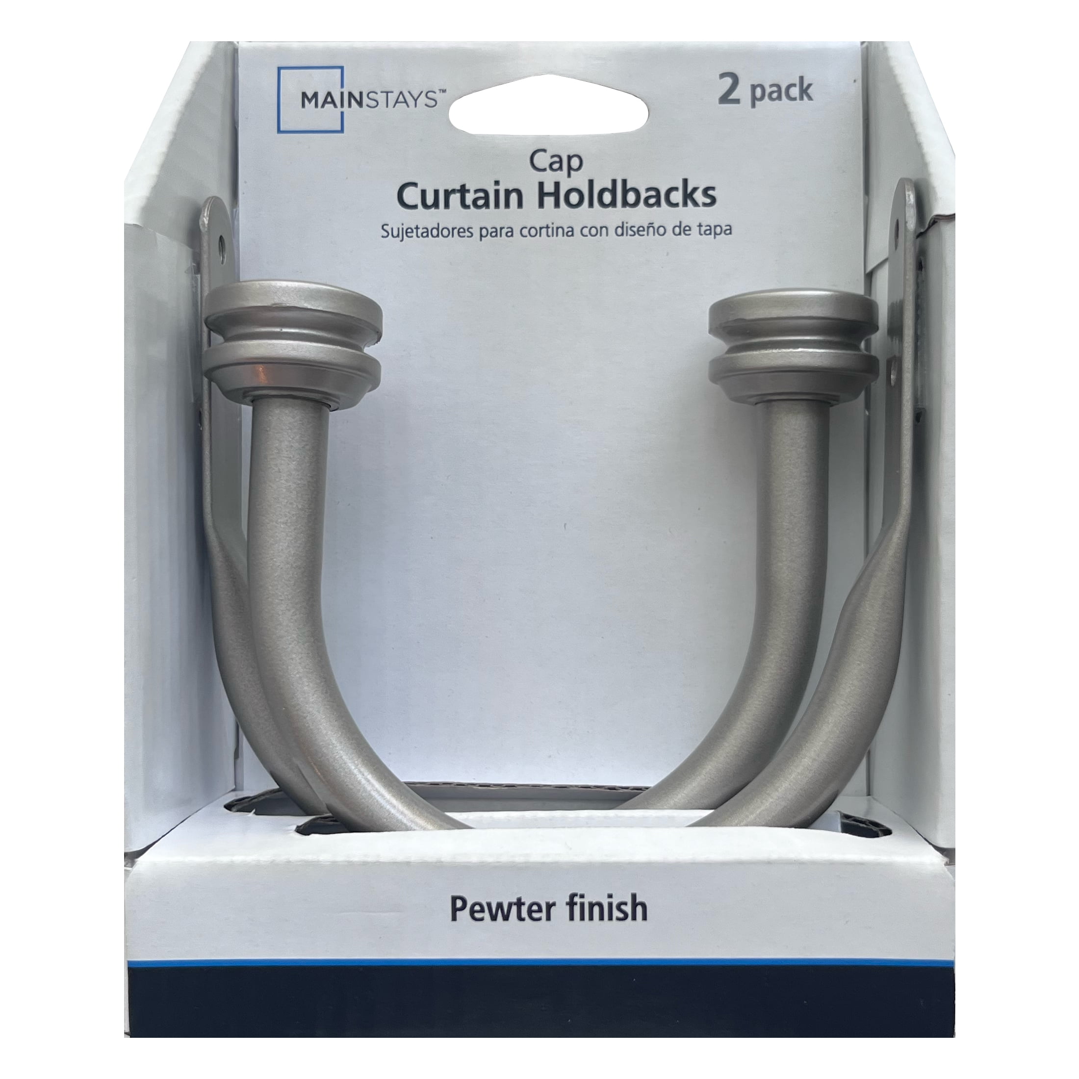 (4 pack) Mainstays 2 Cap Curtain Holdbacks, Pewter