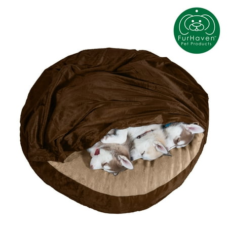 FurHaven Pet Dog Bed | Cooling Gel Memory Foam Orthopedic Round Microvelvet Snuggery Pet Bed for Dogs & Cats, Espresso, 35-Inch