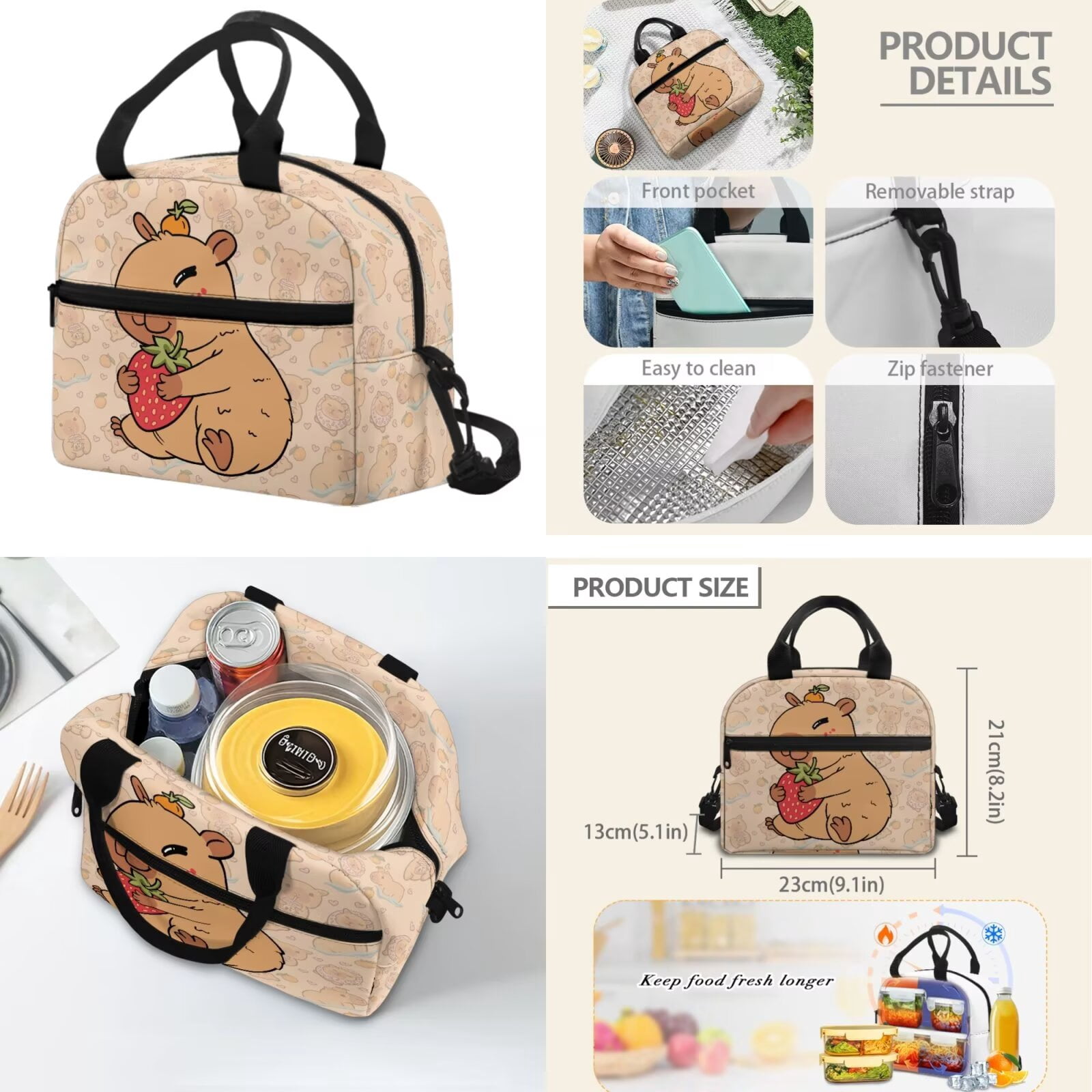 Pzuqiu Strawberry Capybara 4 Piece Back Pack for School Girls Kids Backpacks for Girls Lunch Bag with Pencil Bag Water Bottle Holder Travel Daypack Camping Schoolbag 17 Inch