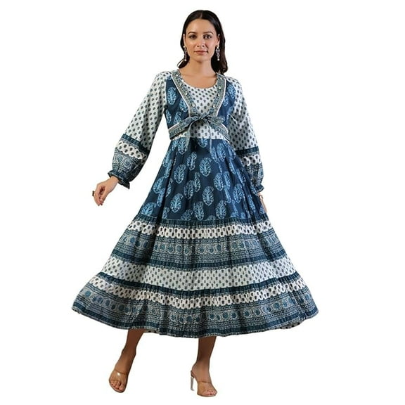 Juniper The Madhubala Rayon Blue Ethnic Motif Printed Maxi Dress