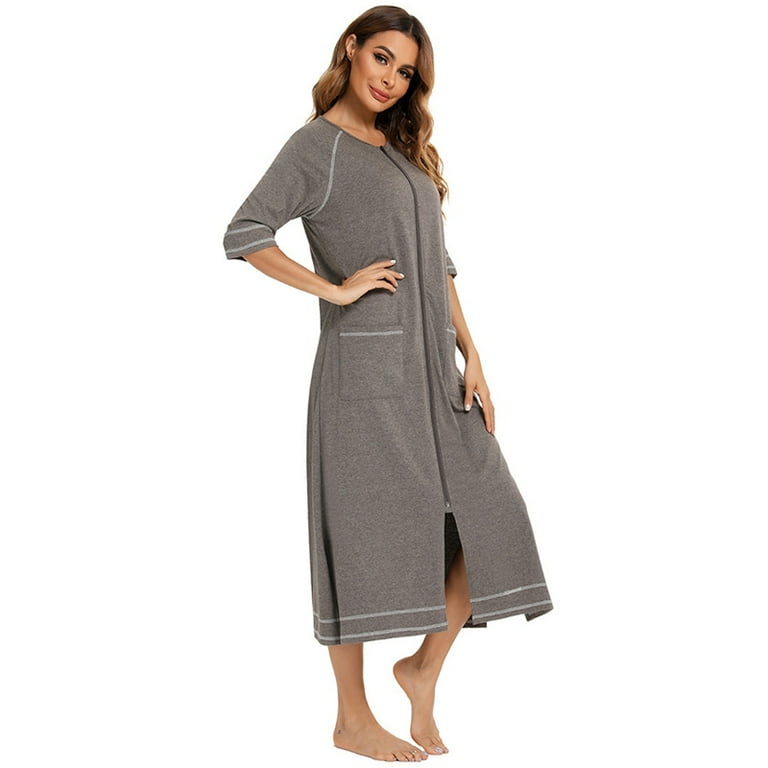 Women Zipper Robe 3 4 Sleeves Full Length Sleepwear Loungewear with Pockets Housecoat Long Soft Bathrobe