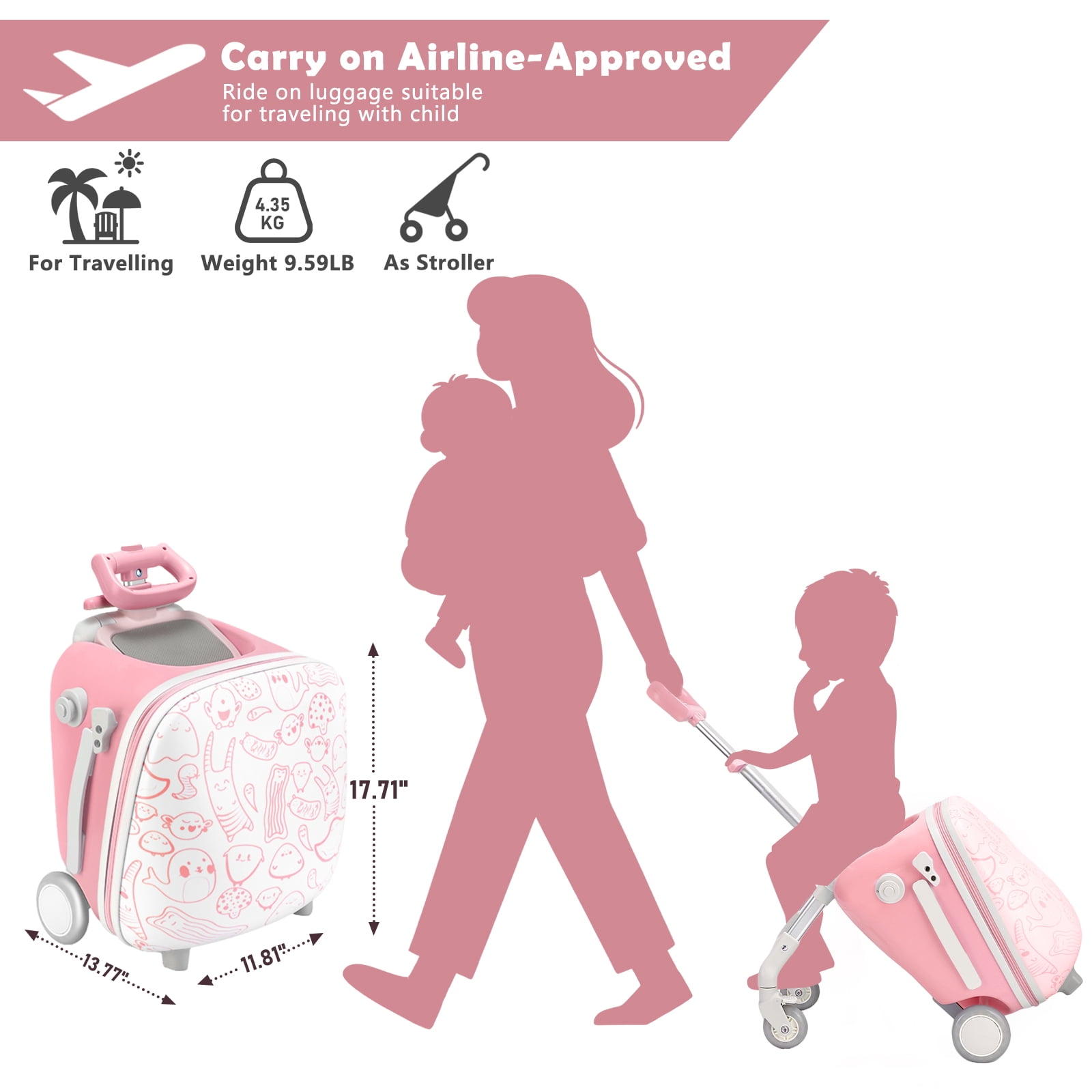 ReadRun Kids Ride-On Carry-On Luggage 20", 2-in-1 Travel Suitcase with Spinner Wheels and Seat, Toddler Stroller Case for Airplane Trips, Blue