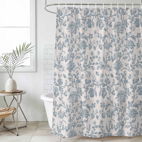 Farmhouse Flower Waterproof Fabric Shower Curtain,Botanical Vintage Light Blue Leaf Waterproof Fabric Shower Curtain for Bathroom Curtains Bathtubs Hotel Shower Curtains with 12 Hooks Small 36x78in