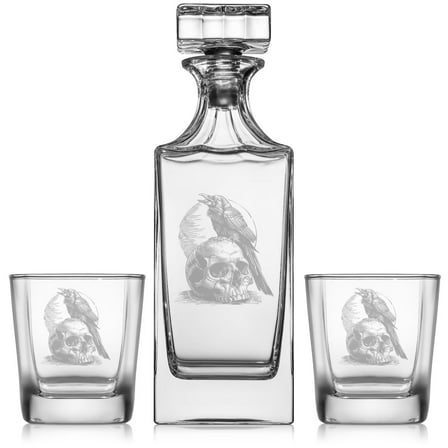 Whiskey Decanter Gift Set With 2 Whiskey Old Fashioned Rocks Glasses Crow Raven Skull Moon Horror