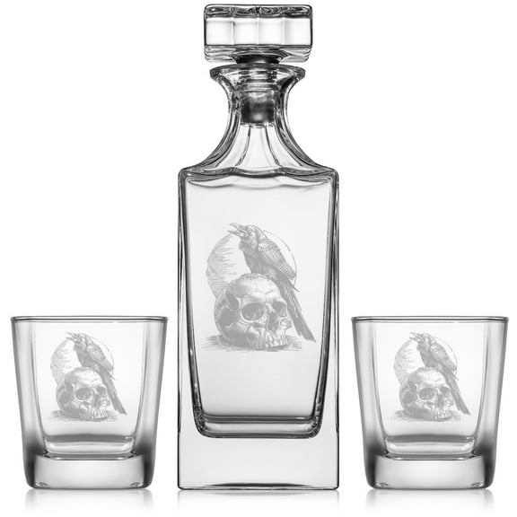 Whiskey Decanter Gift Set With 2 Whiskey Old Fashioned Rocks Glasses Crow Raven Skull Moon Horror