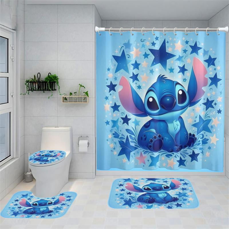 Lheaggik Cute Cartoon 4 Pcs Bathroom Sets with Shower Curtain and Rugs, Waterproof Polyester Shower Curtain Sets with Hooks