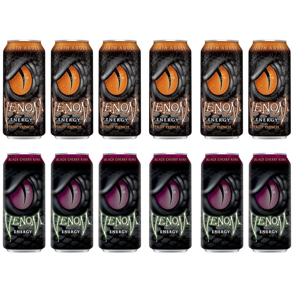 Venom Energy Drink Variety Pack , Pack of 12 , 16 fl oz , Death Adder (AKA Fruit Punch) Energy Drink , Black Cherry kiwi Energy Drink