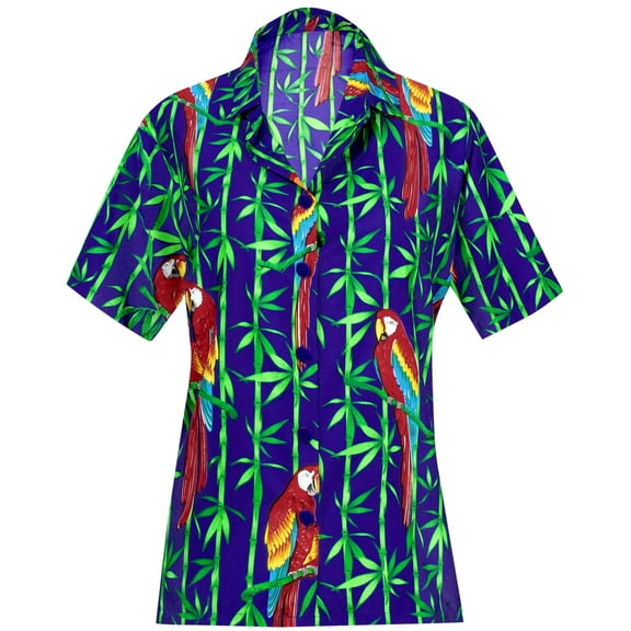 HAPPY BAY Button Down Shirt for Women Summer Beach Party Blouse Shirt Dressy Colourful Blouses Button up Short Sleeve Dress Hawaiian T Shirts for Women XL Parrot Leaf, Royal Blue