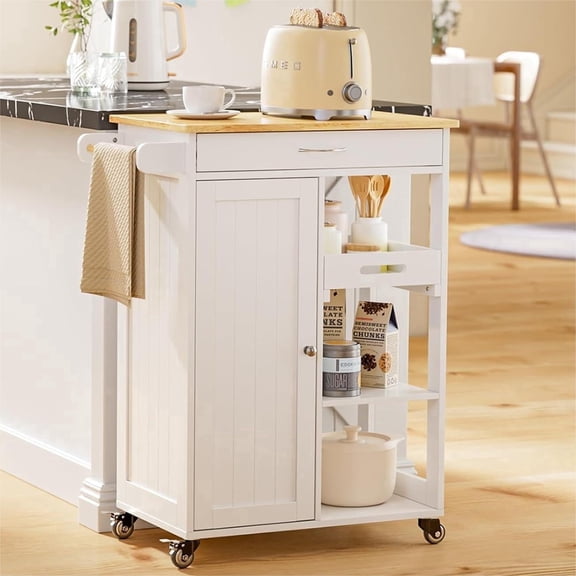 Lofka Kitchen Island Cart, White, with Removable Tray, Drawers, Towel Rack, Hooks, 3 Shelves