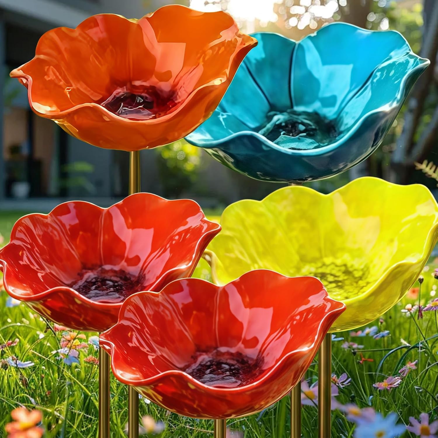 2026 New Metal Flower Garden Stakes Bird Bath,Upgraded Handmade Metal Flower Garden Stake with Bee Bath & Bird Water Bowl,Weather-Resistant Pollinator＆Mini Bird Bath (4pcs red)