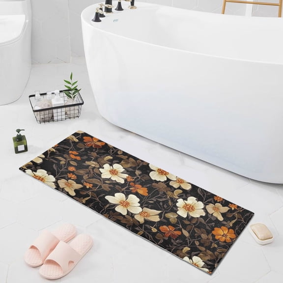 Beige Flowers on Black Background Bathroom Runner Rug Absorbent Non Slip Bath Mat for Living Room Kitchen 39" x 20"