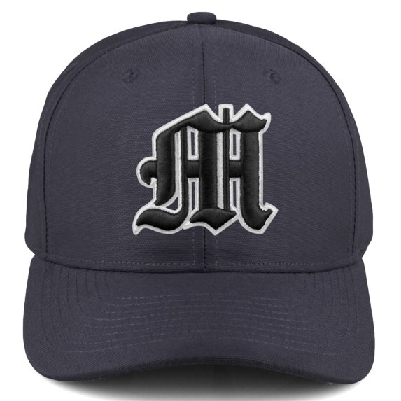 Daxton Premium Mid Profile Hat Semi Curved Visor Charcoal Cap White Black Gothic Embroidered, Letter M