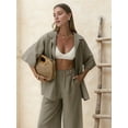 thumbnail image 4 of Women'S 2 Piece Outfits Solid Color Long Sleeve Linen Pants Suit Shirt Wide Leg Tracksuit Casual Straight Khaki L, 4 of 7