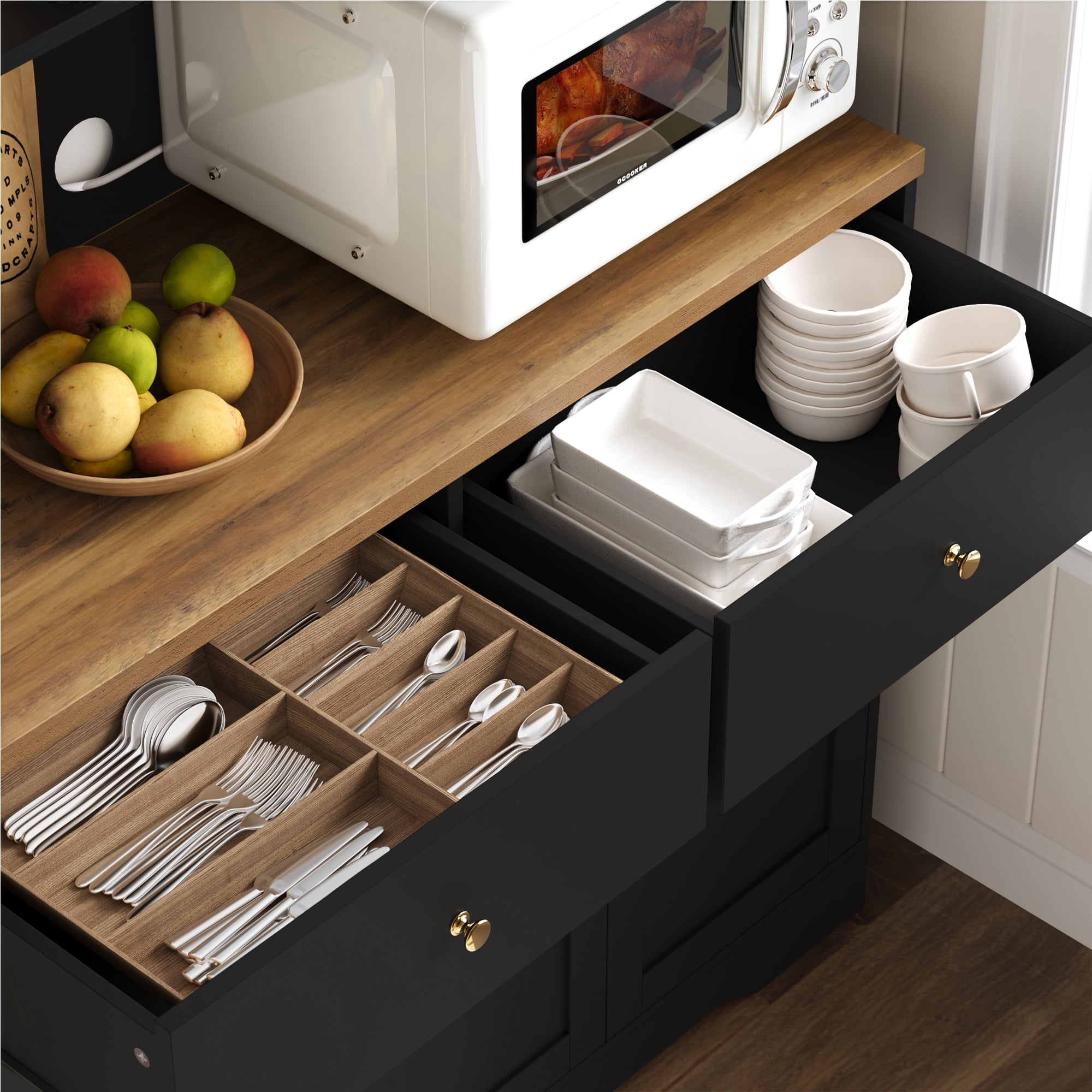 Hiphuta 71"in Modern Kitchen Pantry Storage Cabinet, Freestanding Coffee Kitchen Hutch Cabinet with Adjustable Shelves & Microwave Stand, Modern Coffee Hutch for Dining Room, Black