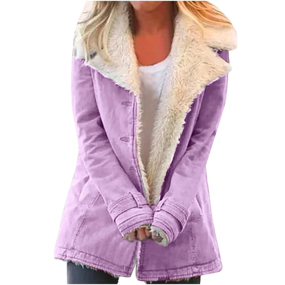Fleece Winter Coat for Women Sherpa Lined Warm Plus Size Button Down Lapel Collar Long Sleeve Casual Jacket
