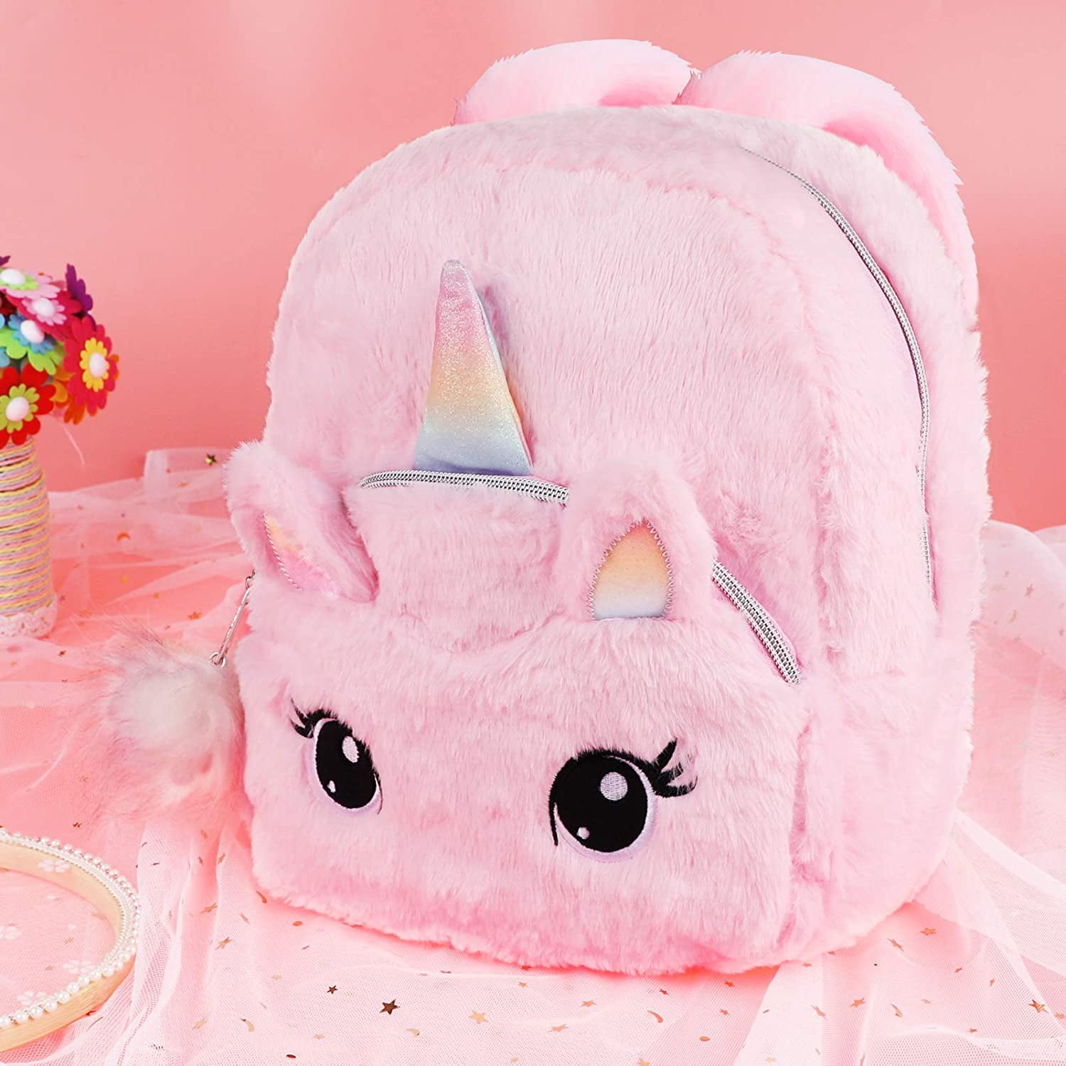 Unicorn Backpack for Children Cute Soft Pink Schoolbag Kindergarten Plush Unicorn School Bag Gifts for Girls Plush Ball random color
