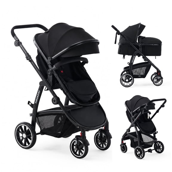Hagaday 2-in-1 Baby Stroller, Reversible Seat, Lie-Flat Recline, Foldable Design, Adjustable Handle, (Black B)