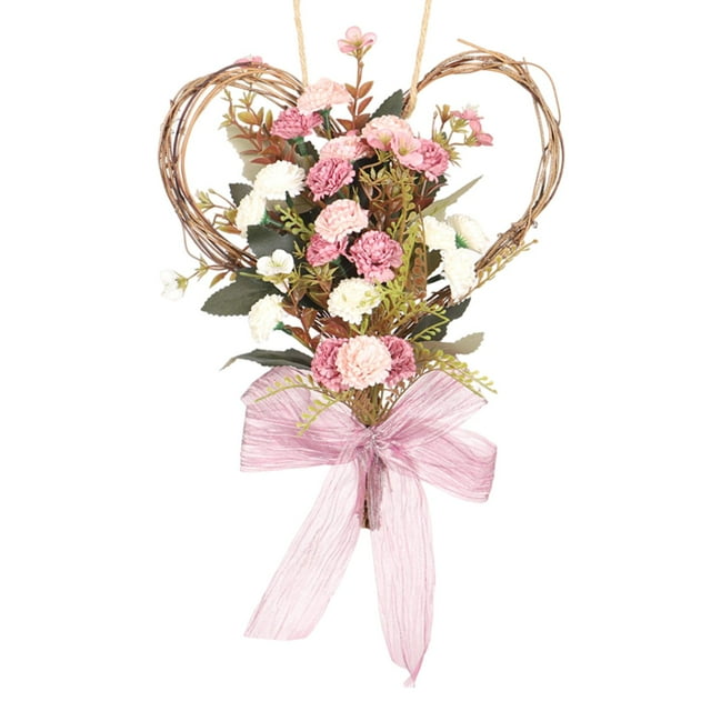 Guirnalda de flores de clavel para colgar en la pared, guirnalda de hojas en forma de corazón, corona para puerta Rosa