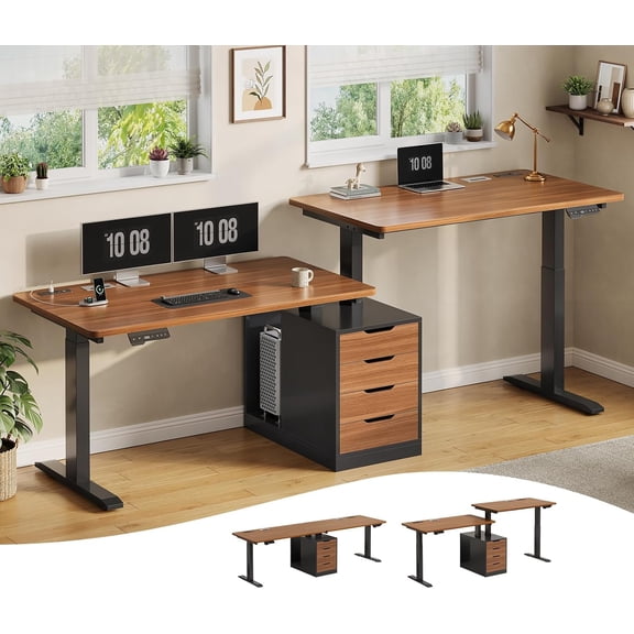 SEDETA Standing Two Person Desk, 94" Dual Independent Electric Height Adjustable Long Computer Table with 4 Drawers, 2 Person Sit Stand Office Workstation with Dual Power Outlets, Black   Brown