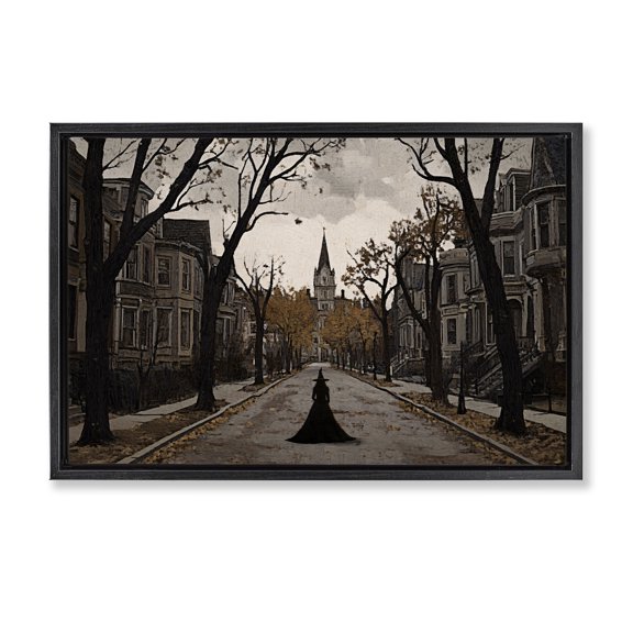 Stupell Industries Witch Strolling Town Streets Black Framed Floater Canvas Wall Art, design by Jacky Ngan