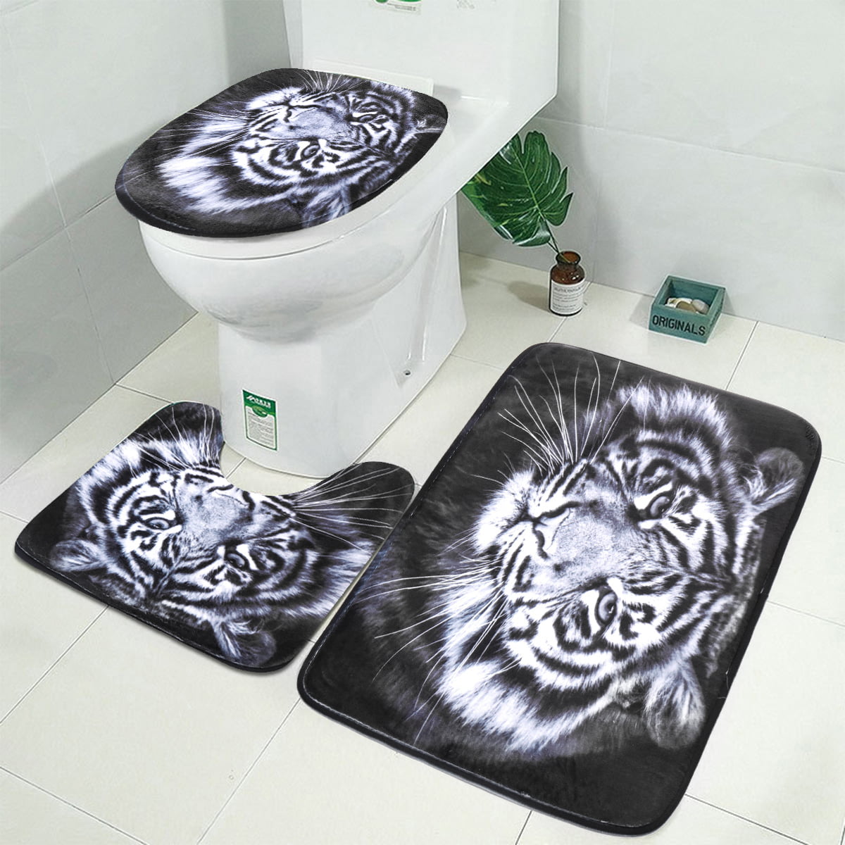 S/3 Fantasy Wolf Non-Slip Bath Mat Lid Toilet Seat Cover Soft Pedestal Rug Decor