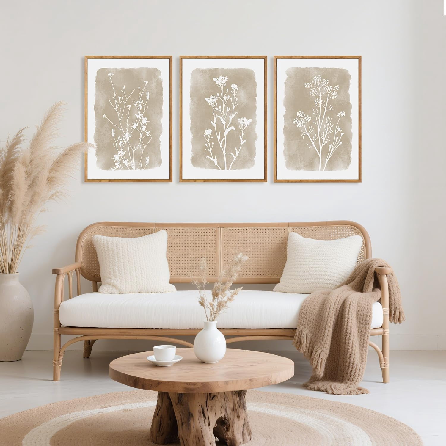Botanical Farmhouse Wall Art Set, Framed Boho Plant Wall Decor, Neutral Minimalist Floral Wall Painting, Rustic Wildflower Canvas Art Prints for Living Room, Bedroom, Bathroom - Large 16"x24"x3