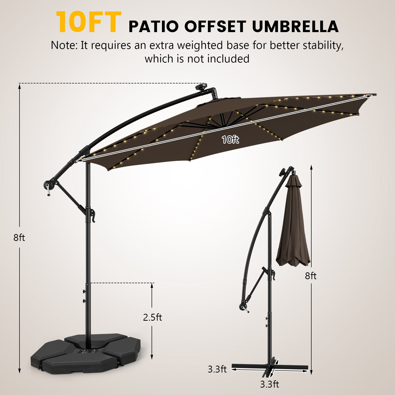 Topbuy 10FT Solar Offset Umbrella Tilted Cantilever Umbrella with 112 LED Lights Lighted Patio Sun Shade with Crank Handle Coffee