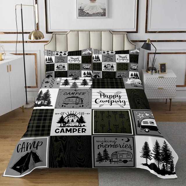 YST Camper Quilt Set For Bunks,Happy Camping King Coverlet Set For Travel Trailers Rustic Farmhouse Buffalo Plaid Bedspread Set Rv Accessories For Inside,Adventure Camper Bedding Set