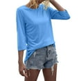 thumbnail image 4 of Women's T-Shirts Long Sleeve Womens Fall Tops Fashion Crewneck 3/4 Sleeve Solid Basic Blouses Casual Blue XL, 4 of 6