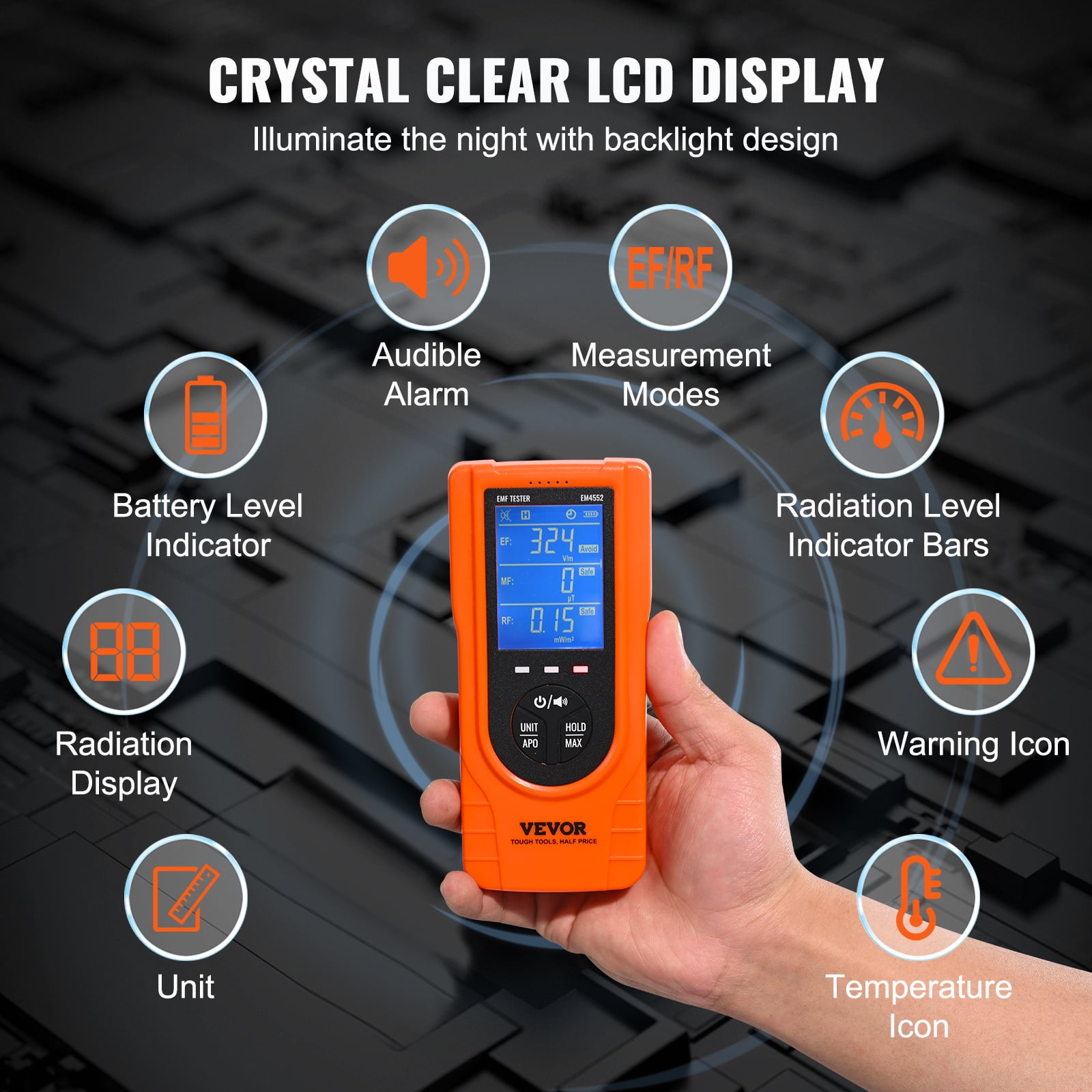 KFFKFF Digital LCD 3-in-1 EMF Meter Electromagnetic Radiation Detector EF MF RF