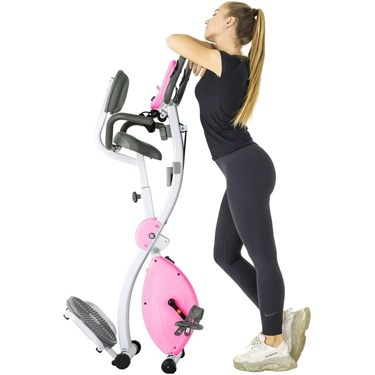 Murtisol Stationary Bike Folding Indoor Exercise Bike with Twister Plate Arm Resistance Bands Extra Large Adjustable Seat and Heart Monitor