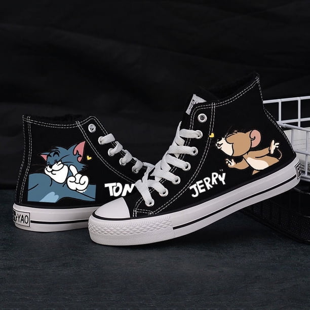 Primavera y otoño Nuevos zapatos de lona de caña alta para hombres de marca compartida Tom y Jerry Zapatos de pareja de estudiantes versátiles de moda de estilo coreano para mujeres ins