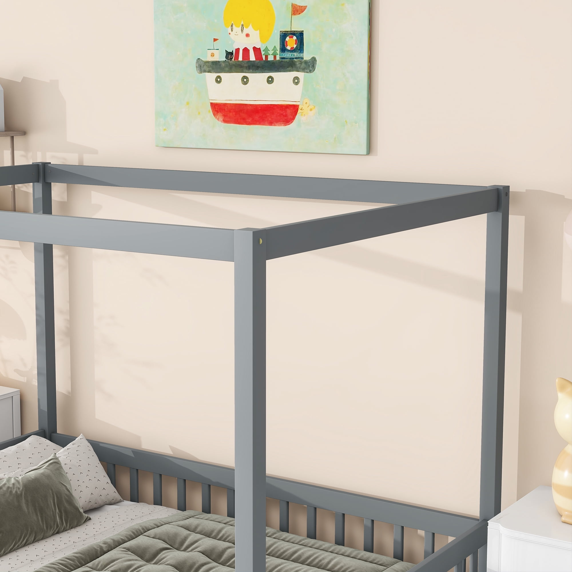 Leumius Full Size Canopy Frame Rubber Wood Floor Bed with Fence,Guardrails for Boys Girls Grey