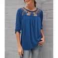 thumbnail image 3 of Jersey de mujer Top empalme de encaje plisado manga 3/4 cuello redondo blusa transpirable para mujer dama azul L, 3 of 6