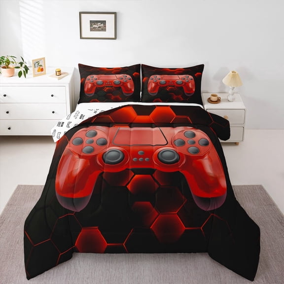 Erosebridal Teens Gamepad Bedding Sets Twin with Comforter, Video Gaming Duvet Insert, Neon Honeycomb Decor, Breathable 2pcs
