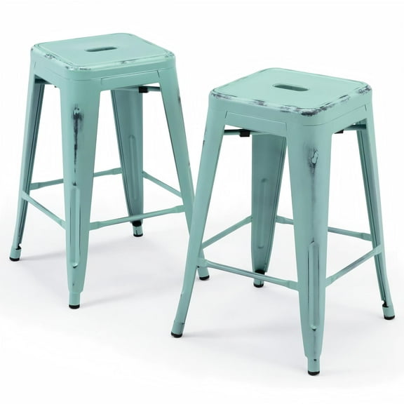 Stackable Bar Stools Set of 2, 24 Inch Metal Counter Height Stools for Indoor Outdoor Kitchen Patio Classroom Garden, Industrial Barstools (Distressed Mint Green)