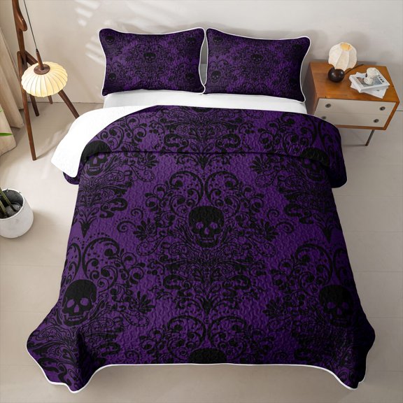Erosebridal Boho Gothic Skull Twin Quilt Set for Women Girls, Vintage Purple Damask Floral Twin Coverlet Set, 2 Pieces