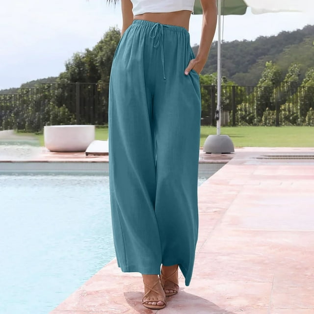 Linen High Waisted Wide Leg Palazzo Pants For Women Casual Summer Drawstring Trousers Flowy Beach Pants With Pockets Womens Beach Pants Lightweight Womens plus Size Casual Pants Elastic Waist Summer