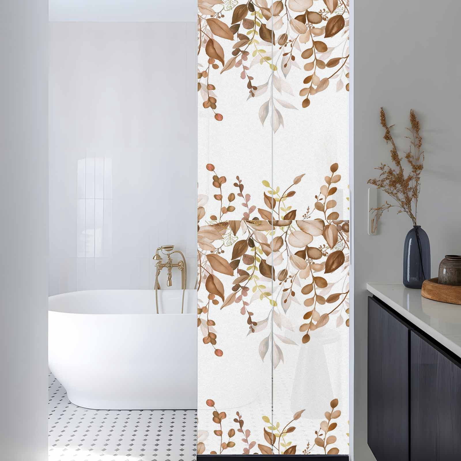 Sun Blocking Glass Window Film, Brown Eucalyptus Leaves Window Privacy Film Frosted, Farmhouse Botanical Watercolor Reusable Windows Privacy Sticker for Home Decor, Nursery, 23.6 x 78.7 Inches