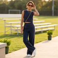 thumbnail image 7 of CIENVNSTG Workout Sets For Women Sleeveless Crop Top Wide Leg Pants 2 Piece Outfit Cruise Travel Beach Vacation Clothes With Pocket L, 7 of 7