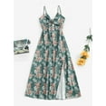 thumbnail image 3 of ZAFUL Cute Casual Sundress Silky Front Slit Cut Out Knotted Cami Floral Dresses Green M, 3 of 6