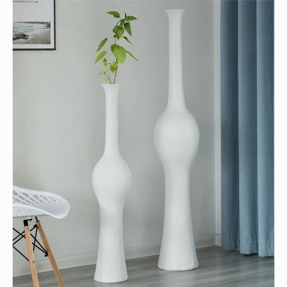 Uniquewise White Floor Vase Set of 2 - Tall Ceramic Vases for Decor Living Room, Entryway, Dining - Modern Organic Home Decor, Wide Mouth, Unique Shaped