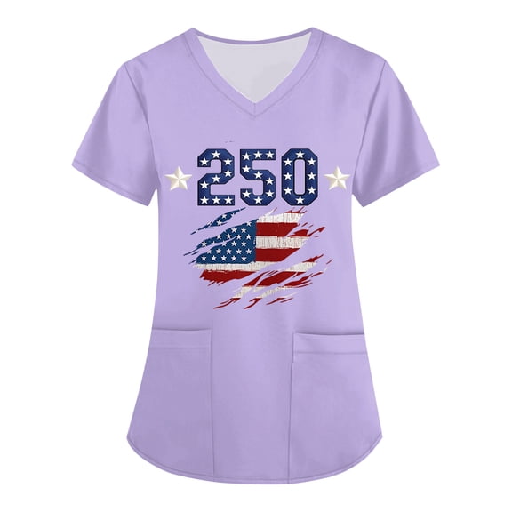 4th of July Scrub Tops for Women 250 Anniversary USA Soft Stretch V-Neck Medical Scrub Tops with Pockets 01-Purple XXL