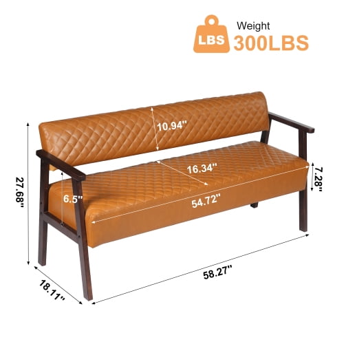 58.27" Diamond Quilted PU Faux Leather Waiting Bench with Wood Armrests, Upholstered Reception Bench for Salon Lobby Office, Dark Brown