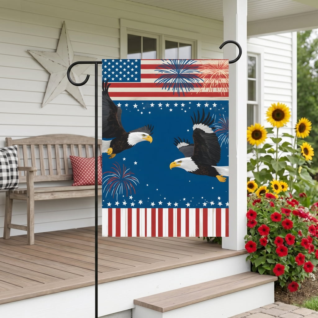 US Garden Flag Two Bald Eagles Flying in Front of an American Flag with Fireworks flag banner 28x40 inch classic size Outdoor Garden Decor