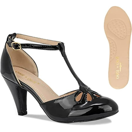 

Chase & Chloe New Kimmy-36 Women s Teardrop Cut Out T-Strap Mid Heel Dress Pumps