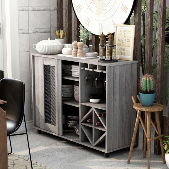 24/7 Shop At Home Elk Dining Room Wood Mobile Buffet Sideboard, Vintage Gray Oak